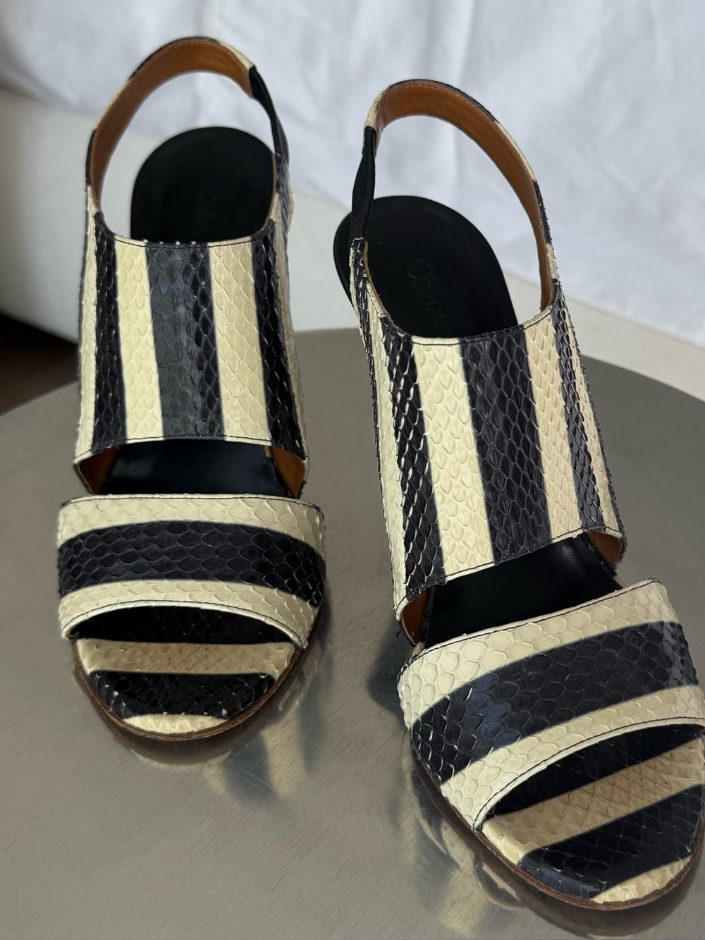 Chloe Black and Cream Striped Slingback Heels